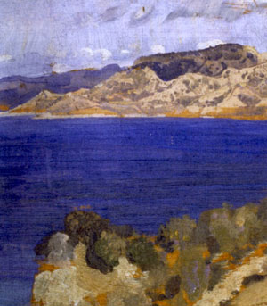 Oil painting of vivid blue sea and Turkish coastline looking towards Anzac cove- detail