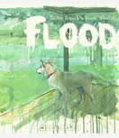 A dog looking out at rain on Flood book cover