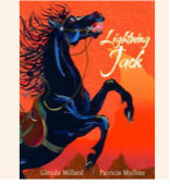 Book cover with a rearing horse and a red sky