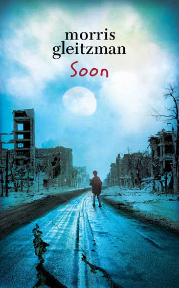 Book cover with boy in a the street of a bombed city