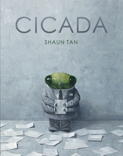Suited green cicada amidst spilt leaves of paper on book cover