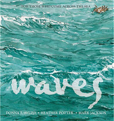 Ocean waves and a small raft upper left on book cover