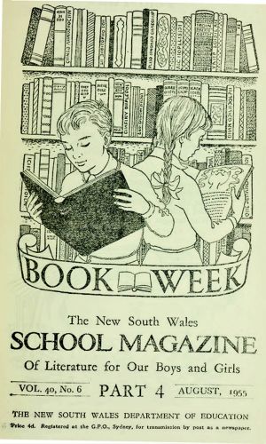 The NSW School Magazine Book Week cover featuring a sketch of a boy and a girl in a library reading