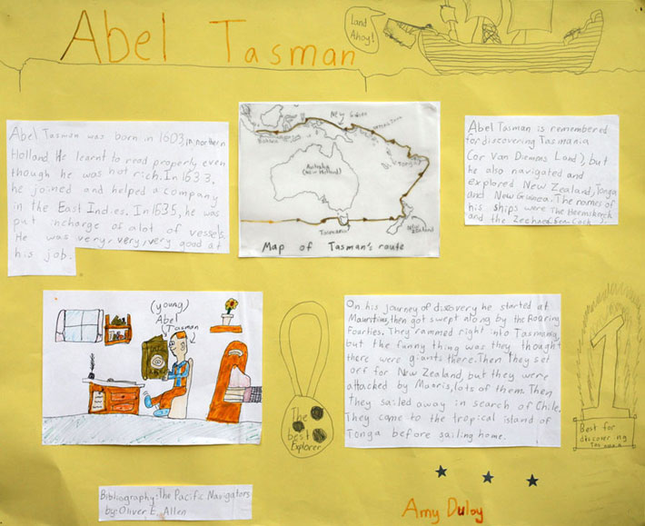 Year 4 project on Abel Tasman with text boxes on art paper with illustrations