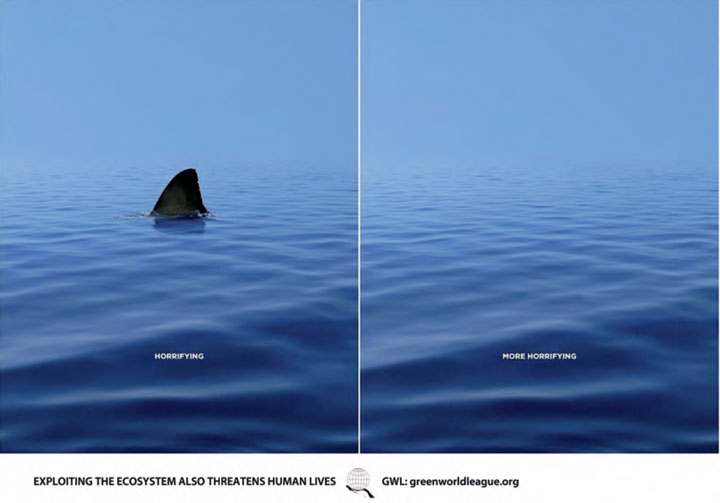 Imagine with shark fin in water in left panel and fin absent in water on right