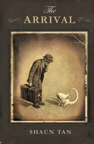 Cover illustration of a man with a suitcase on The Arrival