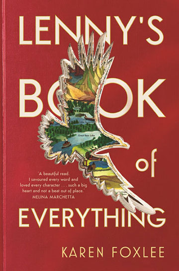 A landscape scene in the outline of a flying bird on the cover of Lenny’s Book of Everything