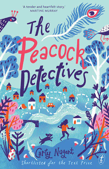 Chagall-esque (blues, pinks and simplified images) village panorama on the cover of The Peacock Detectives