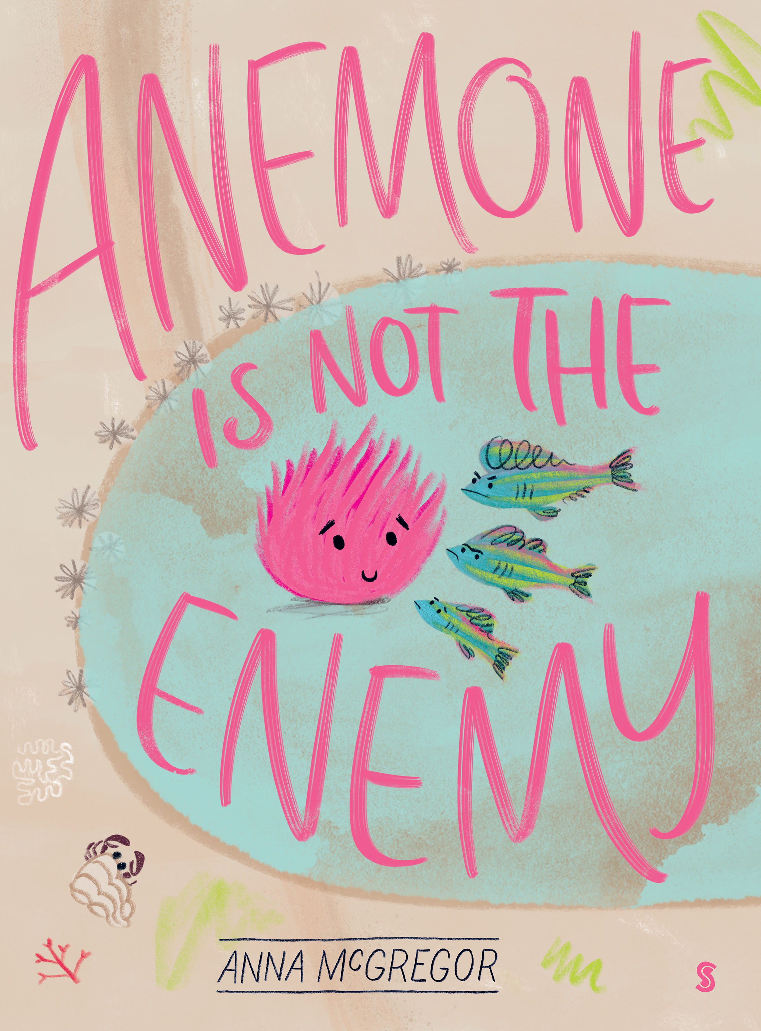 A pink anenome and three fish in a pond on the cover of Anemome is not the Enemy