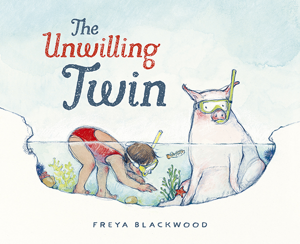 Snorkling pig and child in an ocean rockpool on the book cover of The Unwilling Twin