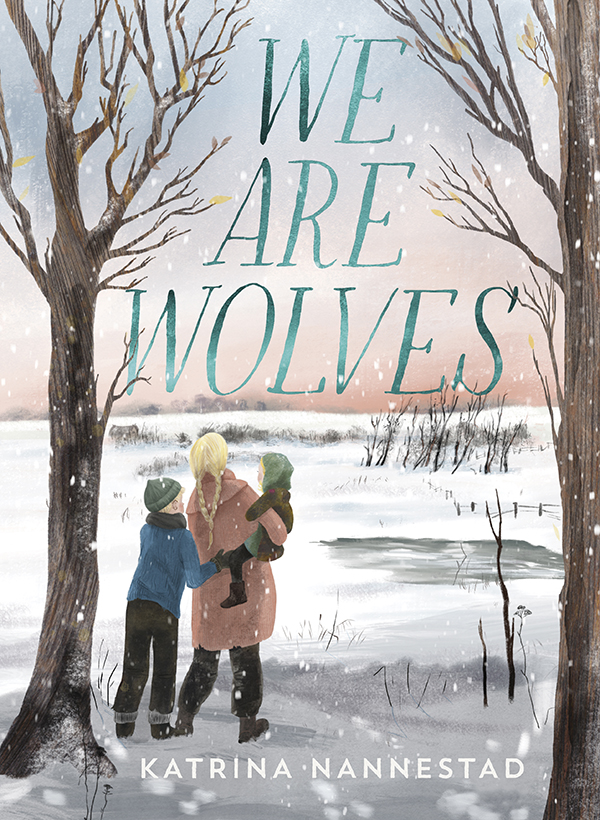 East Prussian snow scene between trees with a mother and children on cover of We Are Wolves