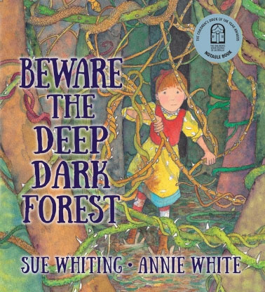 Protagonist Rosie amidst creepers and undergrowth in a forest on the cover of Beware of the Deep Dark Forest