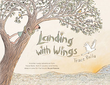 A girl in a tree and a white cockatoo in flight on the cover of Landing with Wings